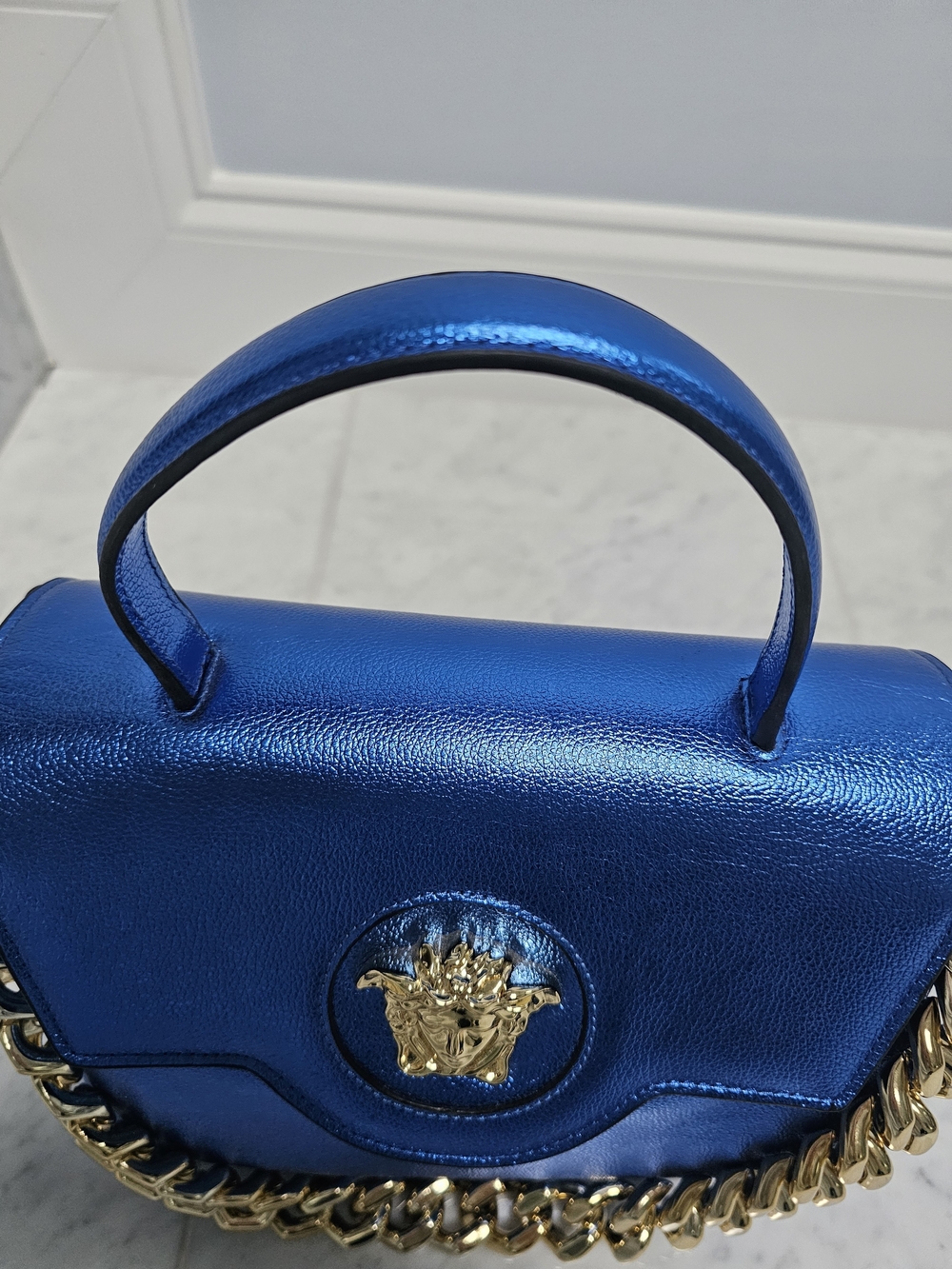 Metallic Blue Top-Handle Satchel with Gold Chain Accent - Picture 2 of 13